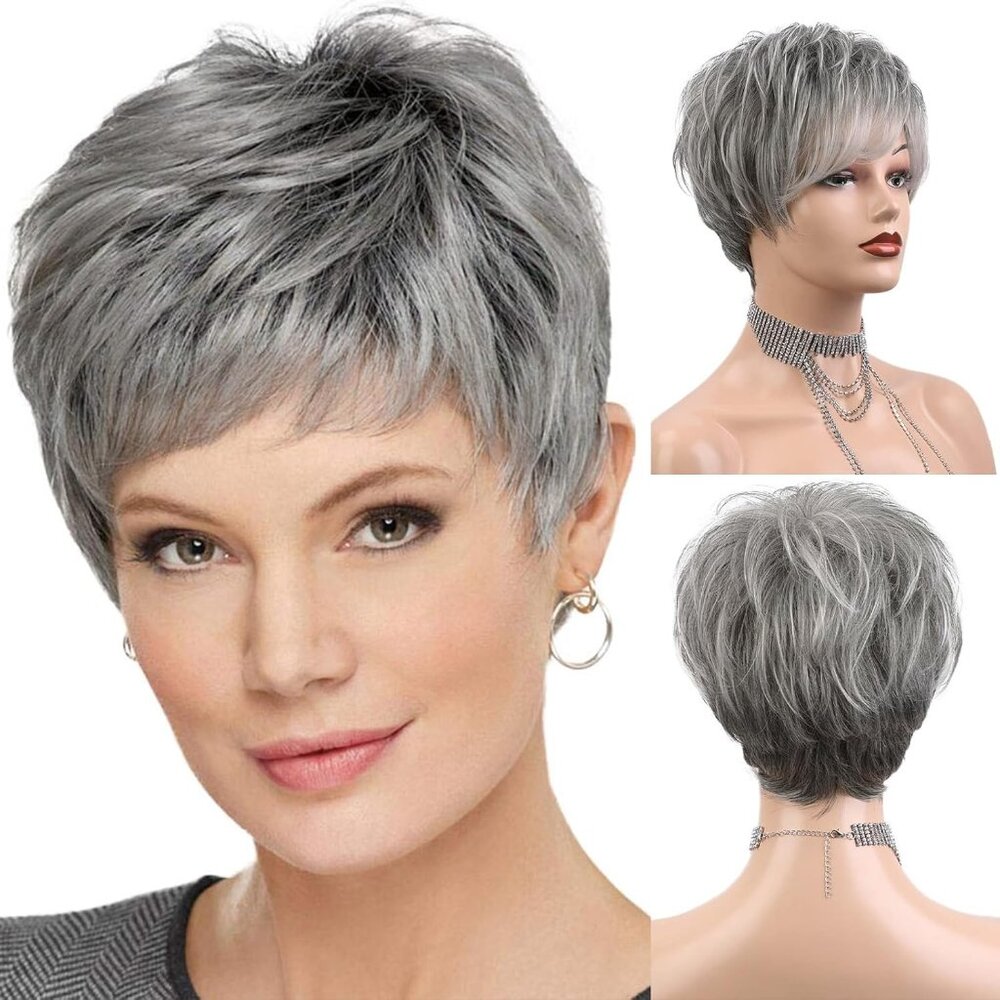 Easy Care Wigs Pixie Cut Human Hair Wigs for Women Pretty Short Gray Wigs for Wo
